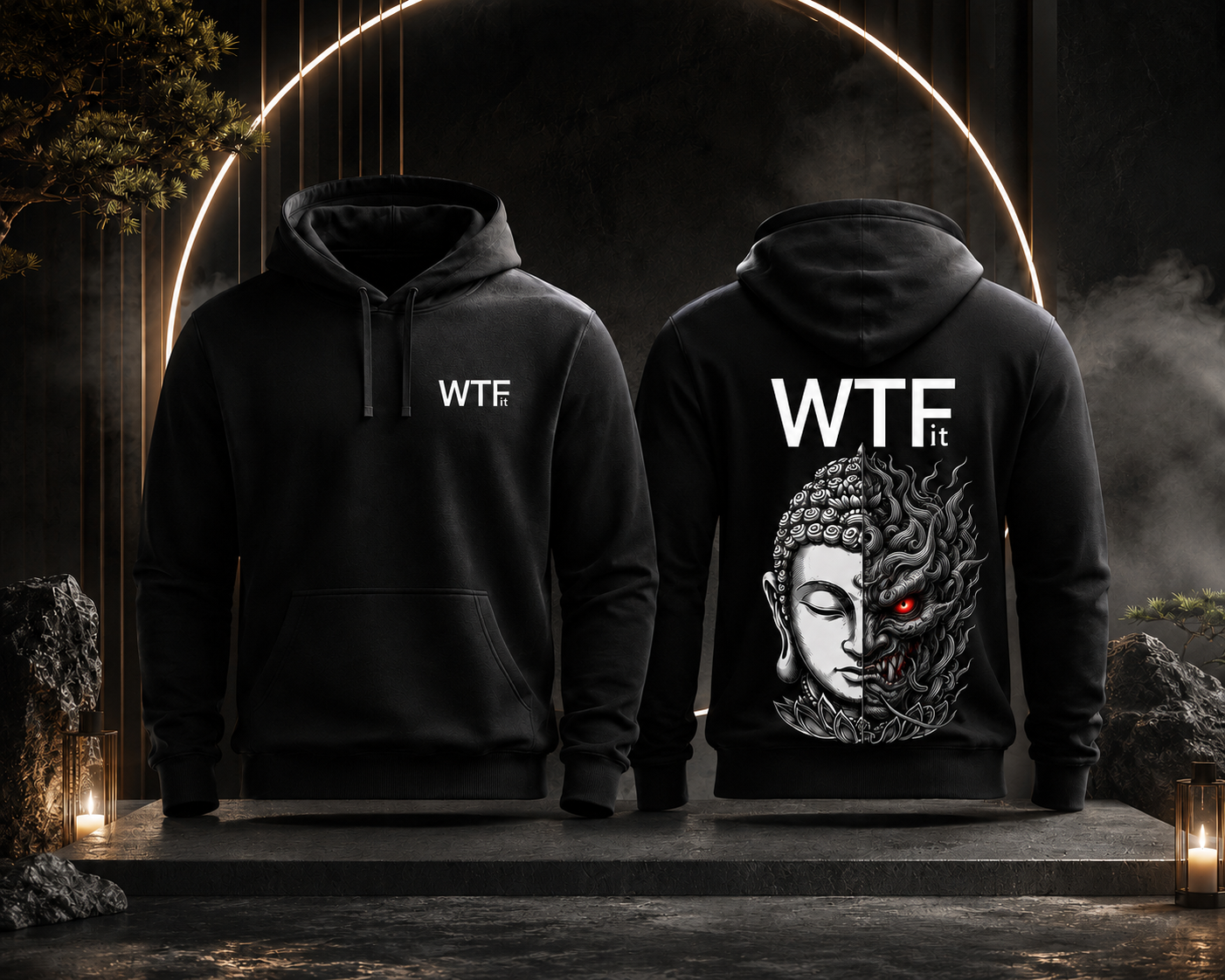 WTFit Buddha hoodie shown from the front and back